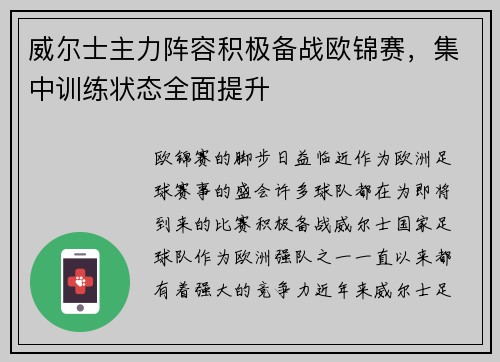 威尔士主力阵容积极备战欧锦赛，集中训练状态全面提升