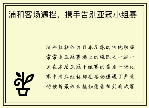 浦和客场遇挫，携手告别亚冠小组赛