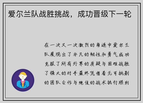 爱尔兰队战胜挑战，成功晋级下一轮