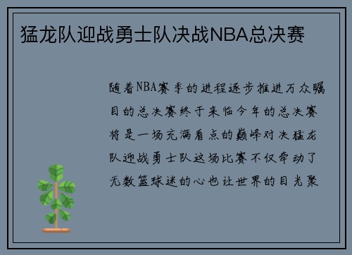 猛龙队迎战勇士队决战NBA总决赛