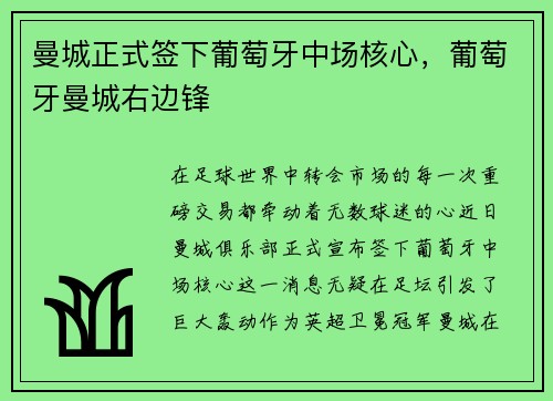 曼城正式签下葡萄牙中场核心，葡萄牙曼城右边锋