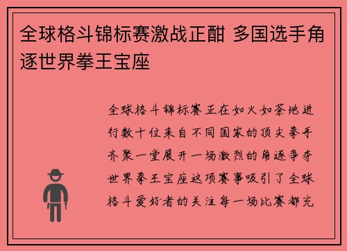 全球格斗锦标赛激战正酣 多国选手角逐世界拳王宝座