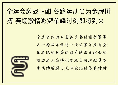 全运会激战正酣 各路运动员为金牌拼搏 赛场激情澎湃荣耀时刻即将到来