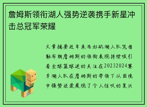 詹姆斯领衔湖人强势逆袭携手新星冲击总冠军荣耀
