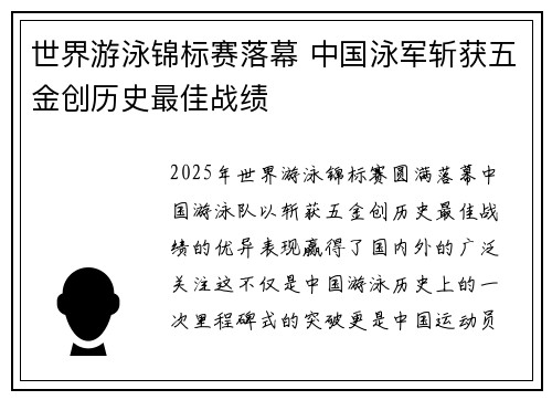 世界游泳锦标赛落幕 中国泳军斩获五金创历史最佳战绩